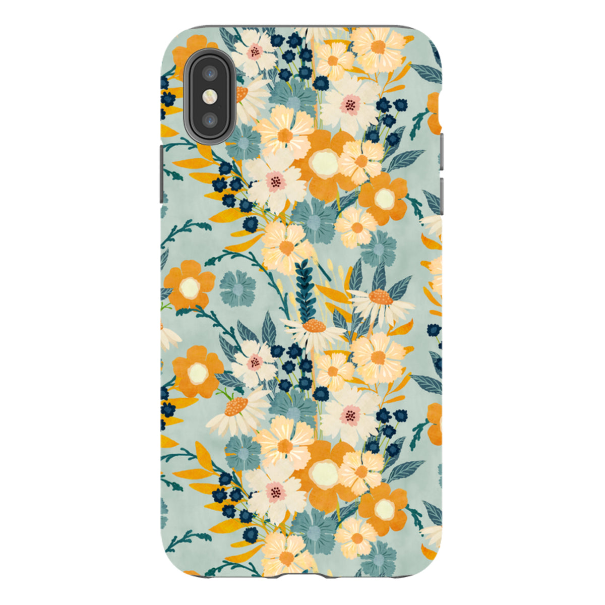 iPhone tough case with a yellow and blue floral pattern by Katherine Quinn, featuring a durable dual-layer design.