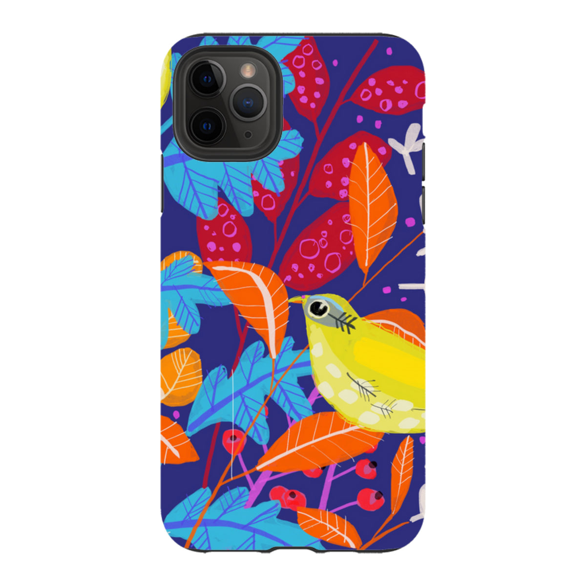 Dual-layer iPhone case featuring Claire West's vibrant yellow bird and colorful botanical art on a deep blue background.