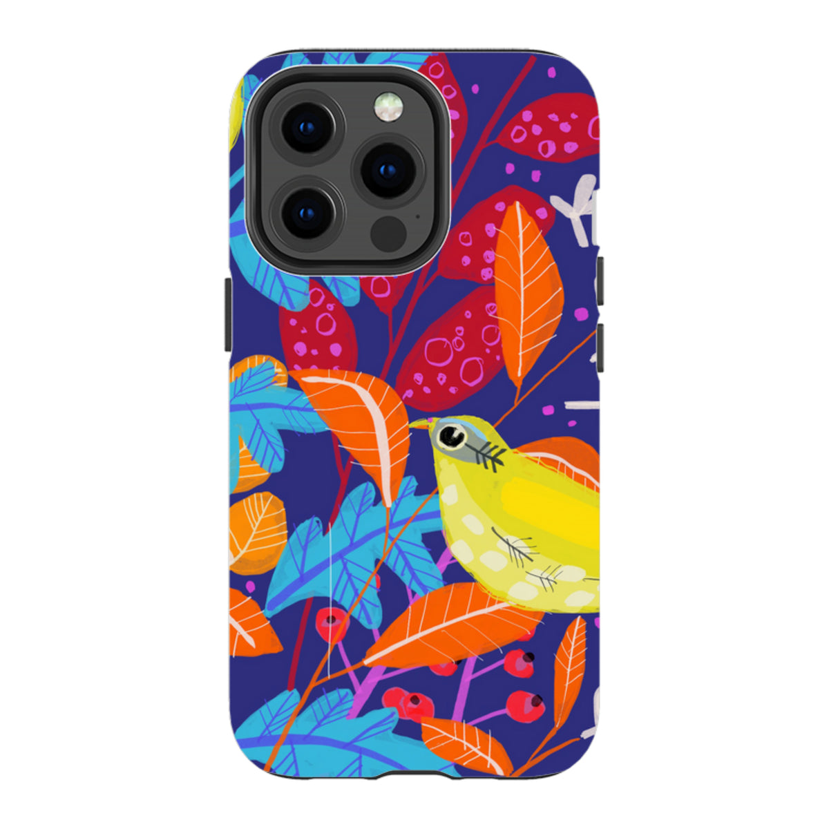 iPhone tough case featuring Claire West's Yellow Bird art with vibrant orange, blue, and yellow botanical patterns.