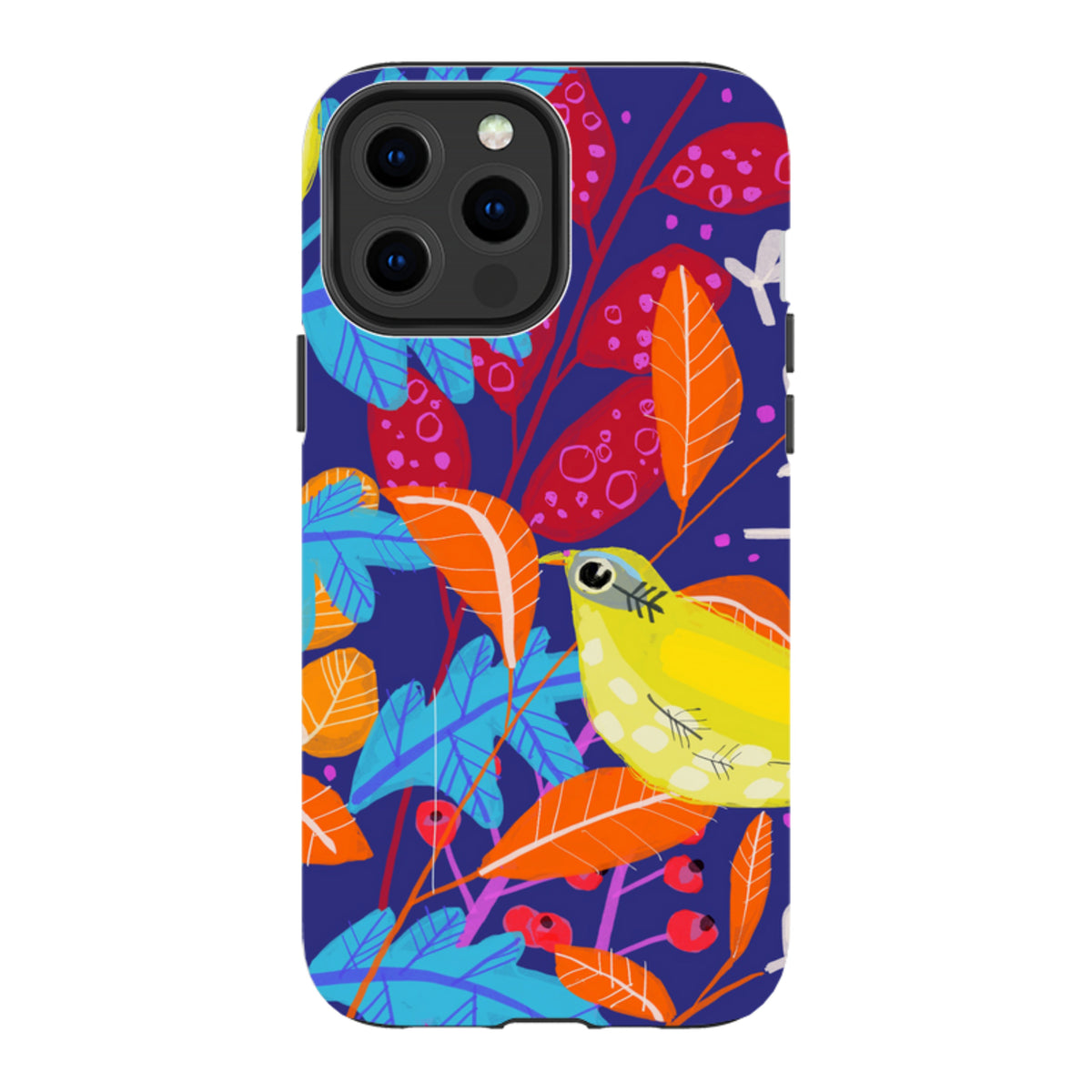 Dual-layer iPhone case featuring Claire West's vibrant yellow bird and colorful botanical art on a deep blue background.