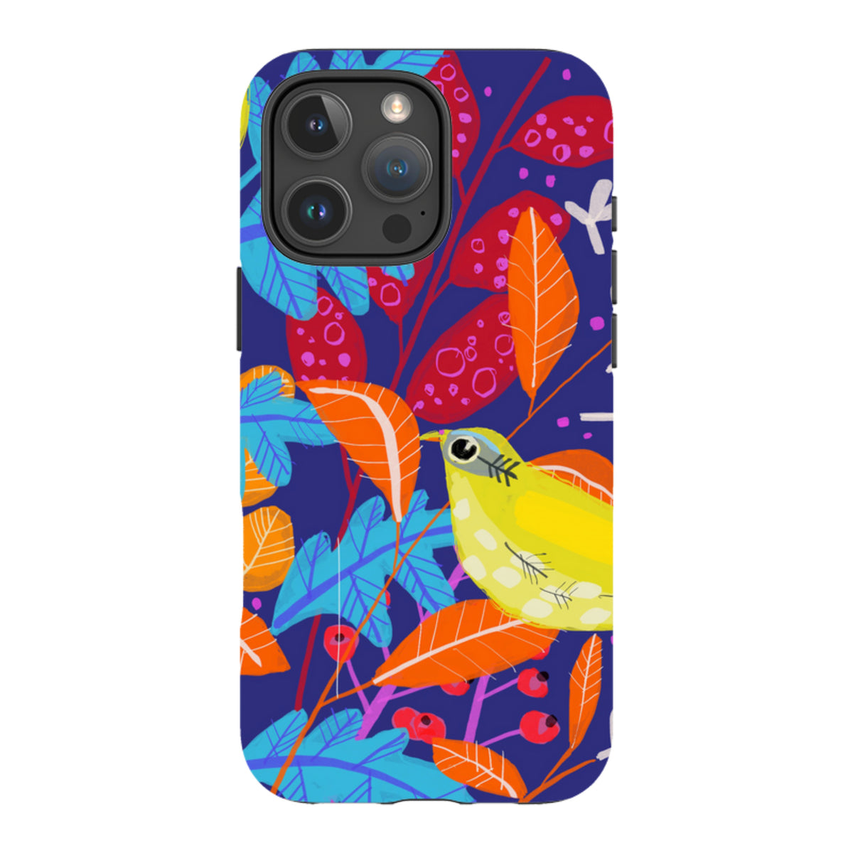iPhone tough case featuring Claire West's Yellow Bird artwork with vibrant leaves on a deep blue background.
