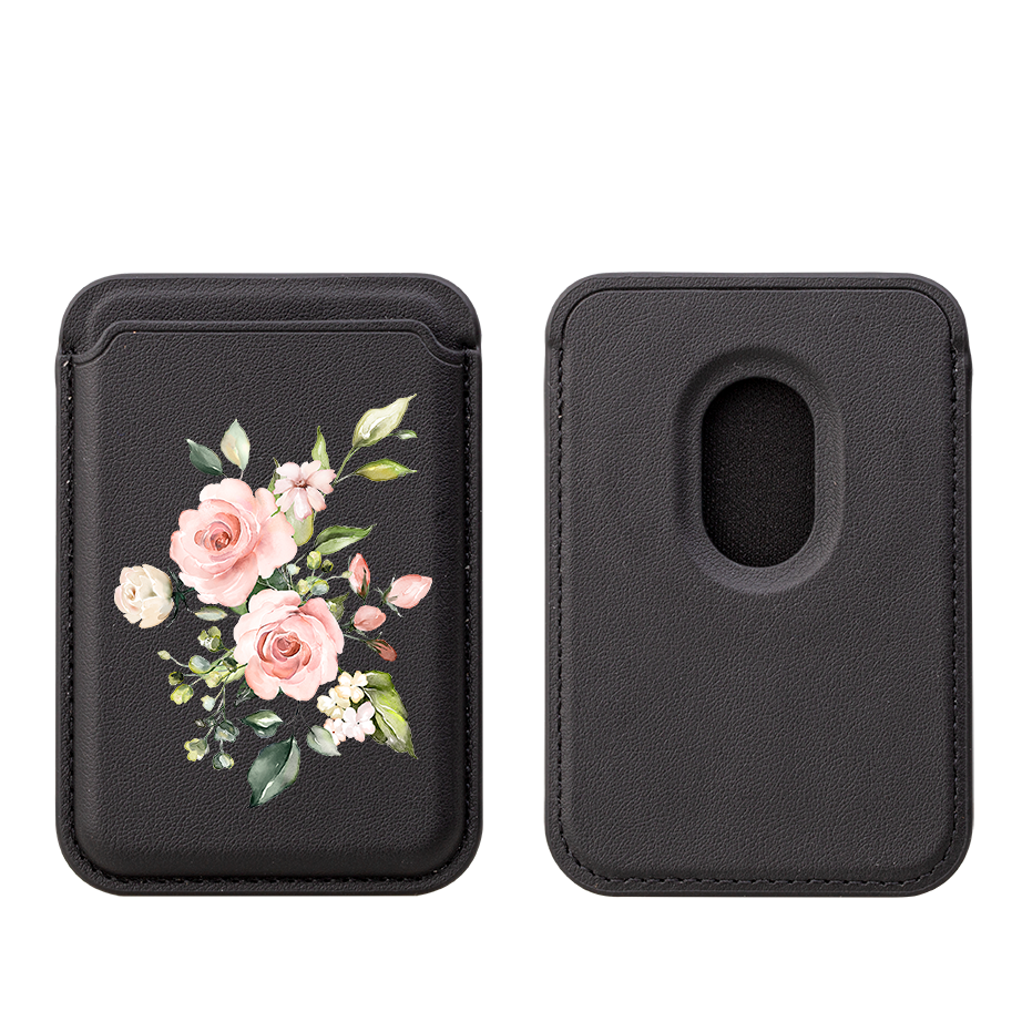 Rosa Blumenmuster MagSafe Geldbörse – Schwarz