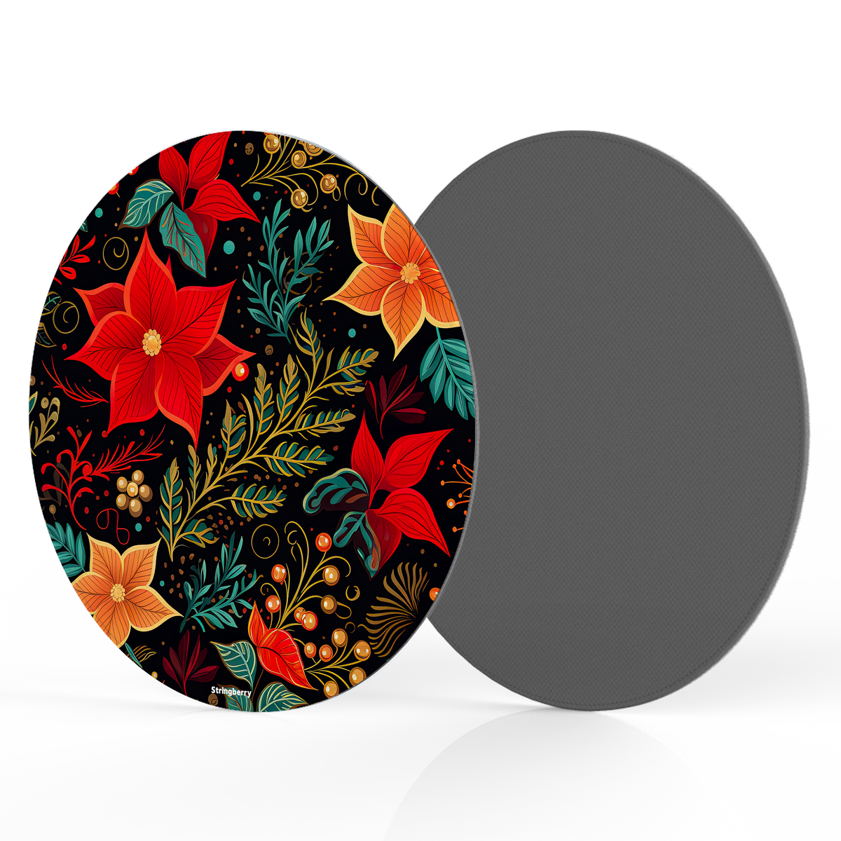 Red Winter Floral II Vegan Leather Mouse Mat