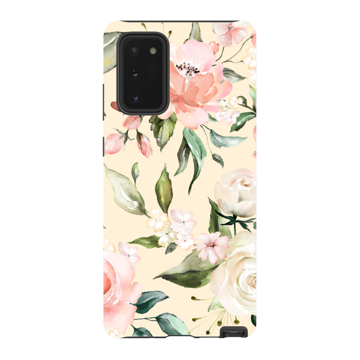 Samsung Tough Case featuring a cream background with a delicate watercolor floral print of pink and white roses.