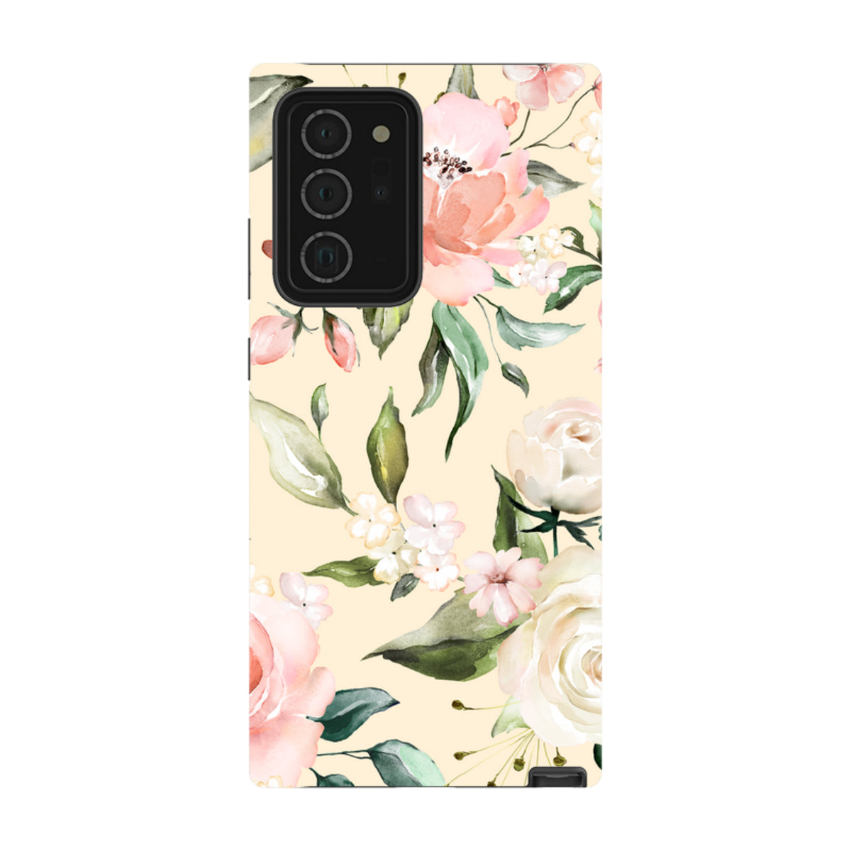 Samsung Galaxy tough case featuring a cream background with a delicate watercolor floral print of pink and white roses.