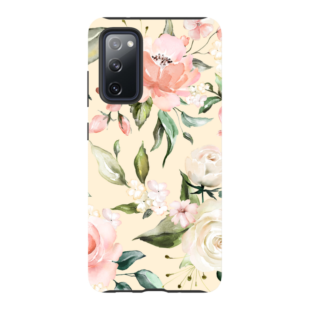 Samsung Tough Case featuring a cream background with watercolor pink and white floral patterns and green foliage.