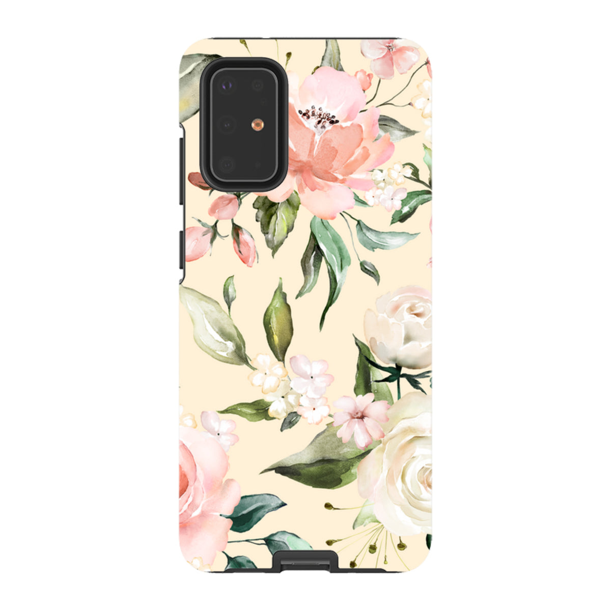 Samsung Tough Case featuring a cream background with watercolor pink and white floral patterns and green foliage.