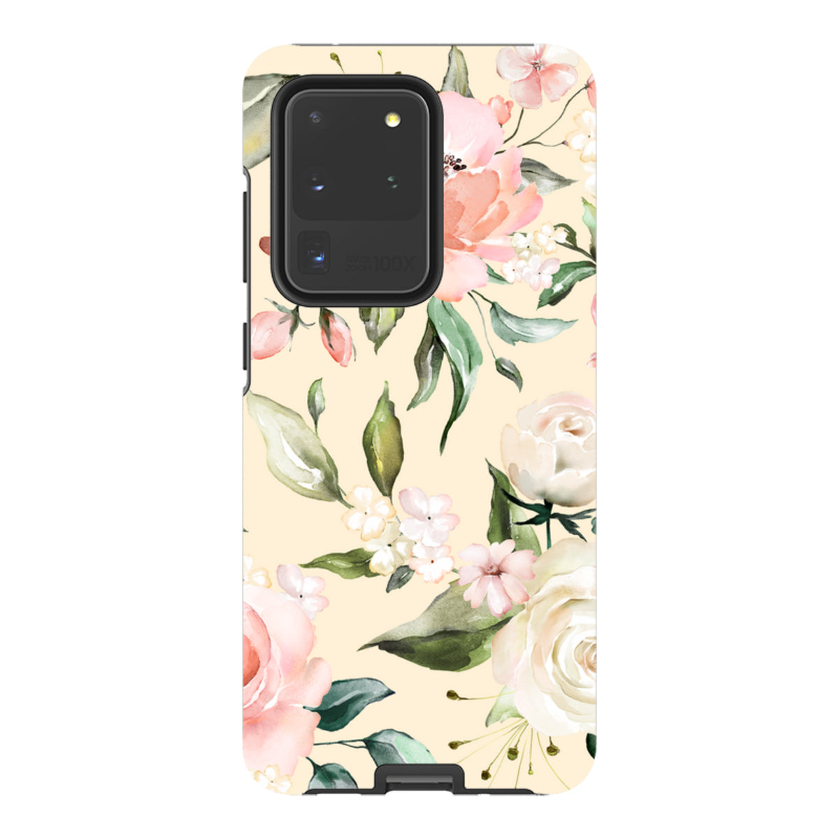 Samsung Galaxy tough case featuring a soft cream background with elegant watercolor floral patterns and green leaves.
