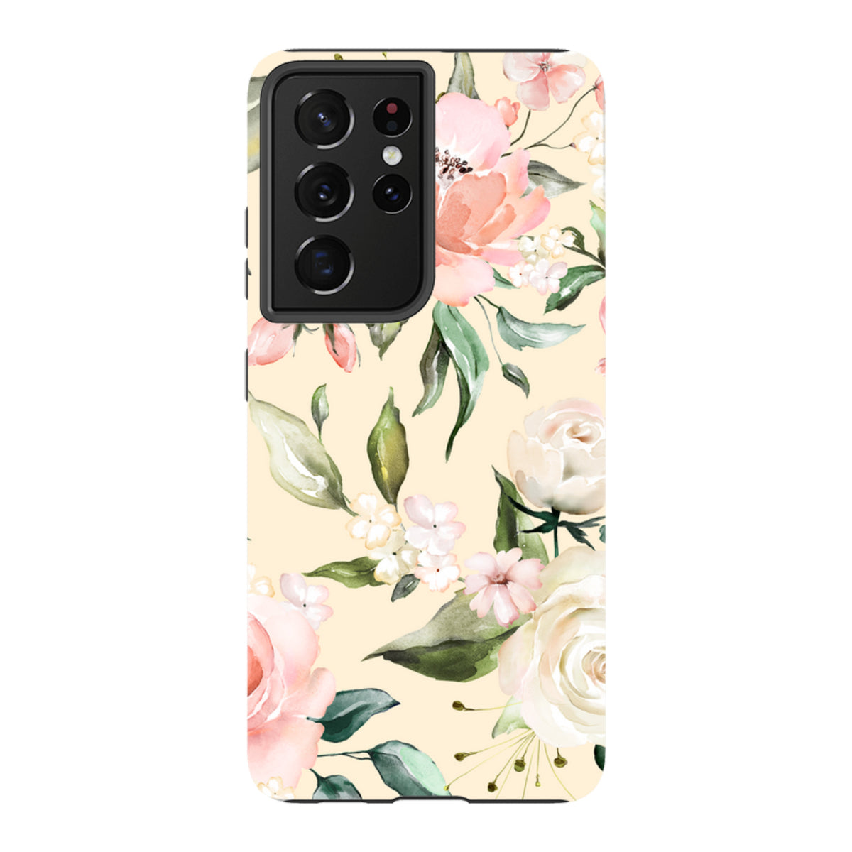 Samsung Tough Case with a cream background and delicate watercolor floral print, featuring a durable dual-layer design.