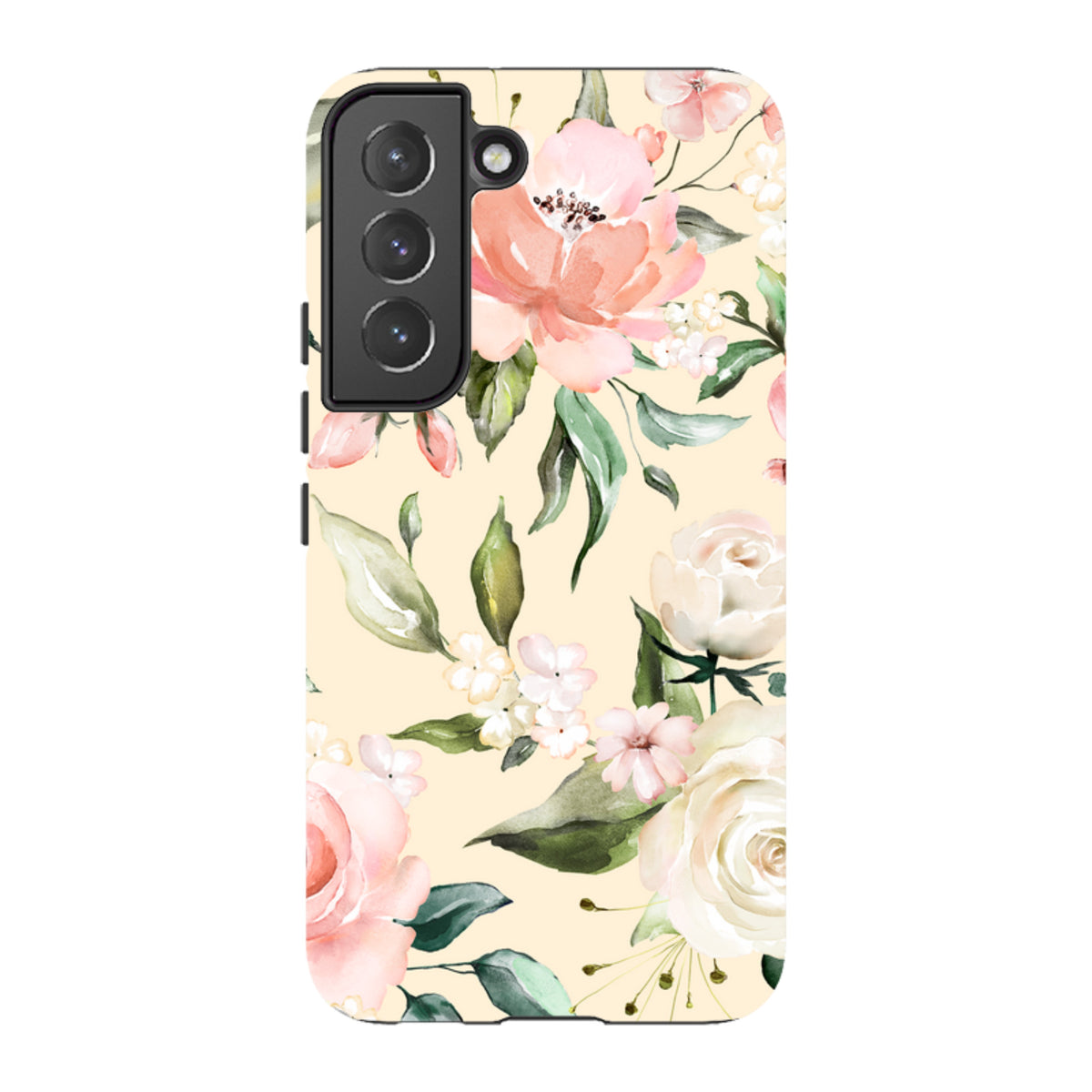 Samsung Tough Case featuring a cream background with watercolor pink and white floral patterns and green foliage.