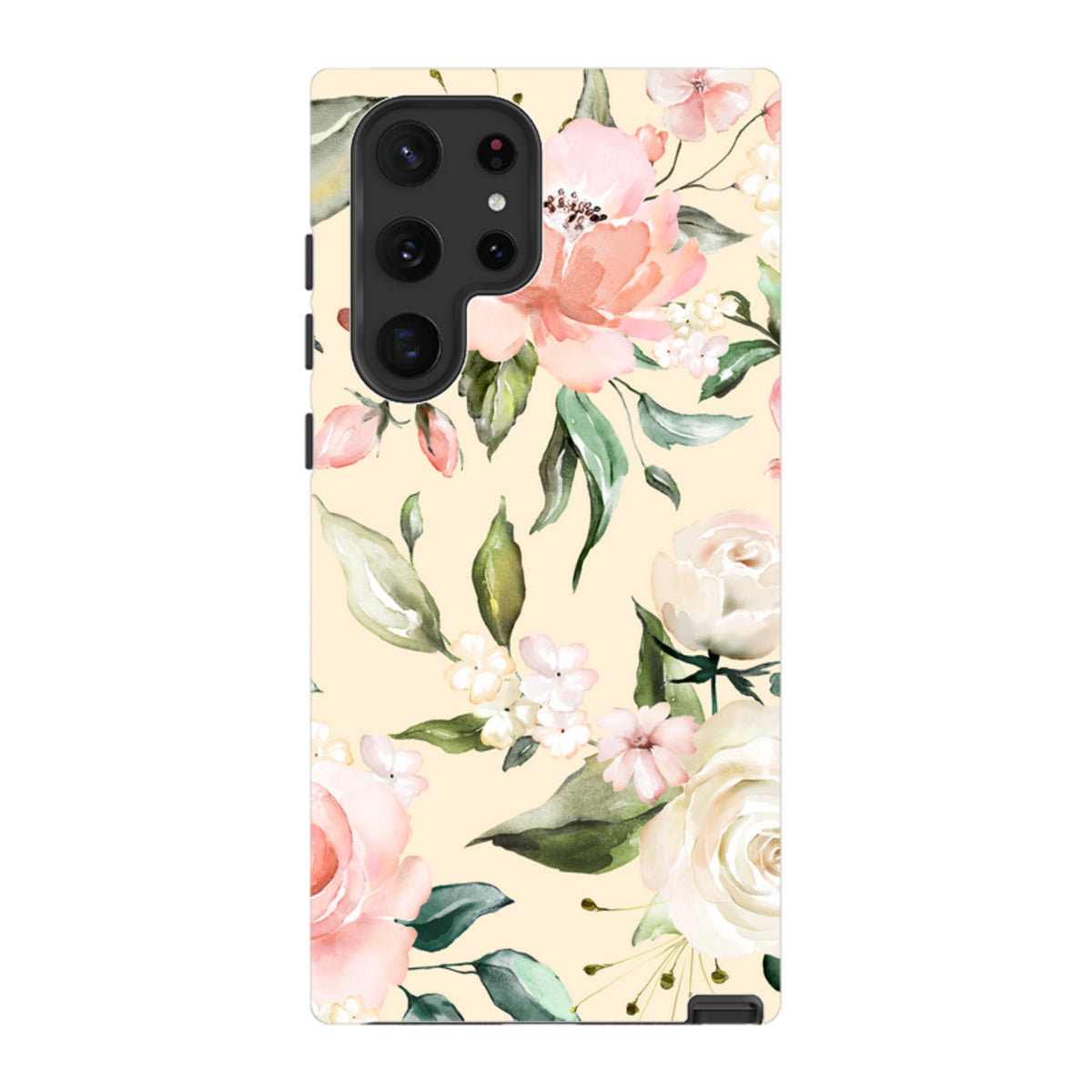 Samsung Tough Case featuring a cream background with watercolor floral art, dual-layer protection, and camera cut-outs.
