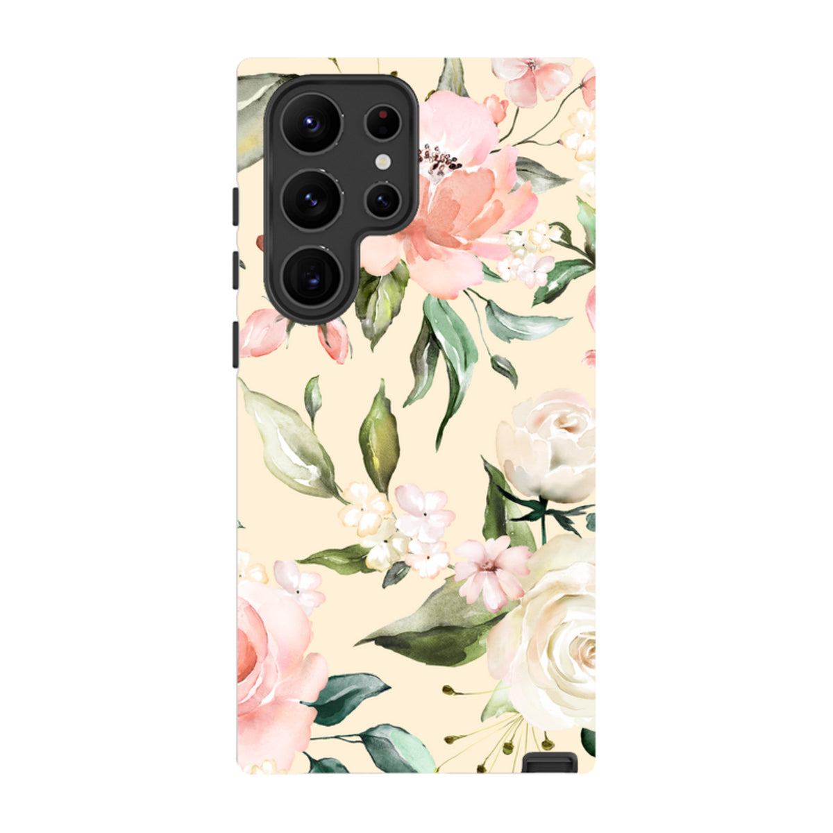 Samsung Tough Case for Galaxy featuring a cream background with a delicate watercolor floral print and dual-layer design.