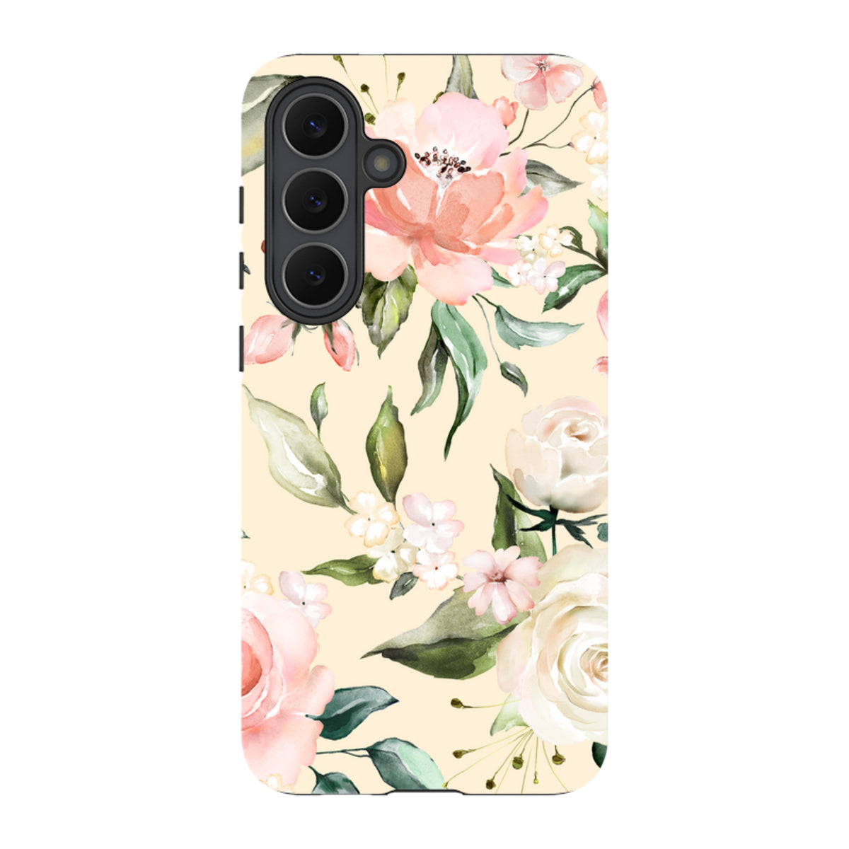 Samsung Tough Case in Abinger design featuring a cream background with watercolor pink and white floral patterns.