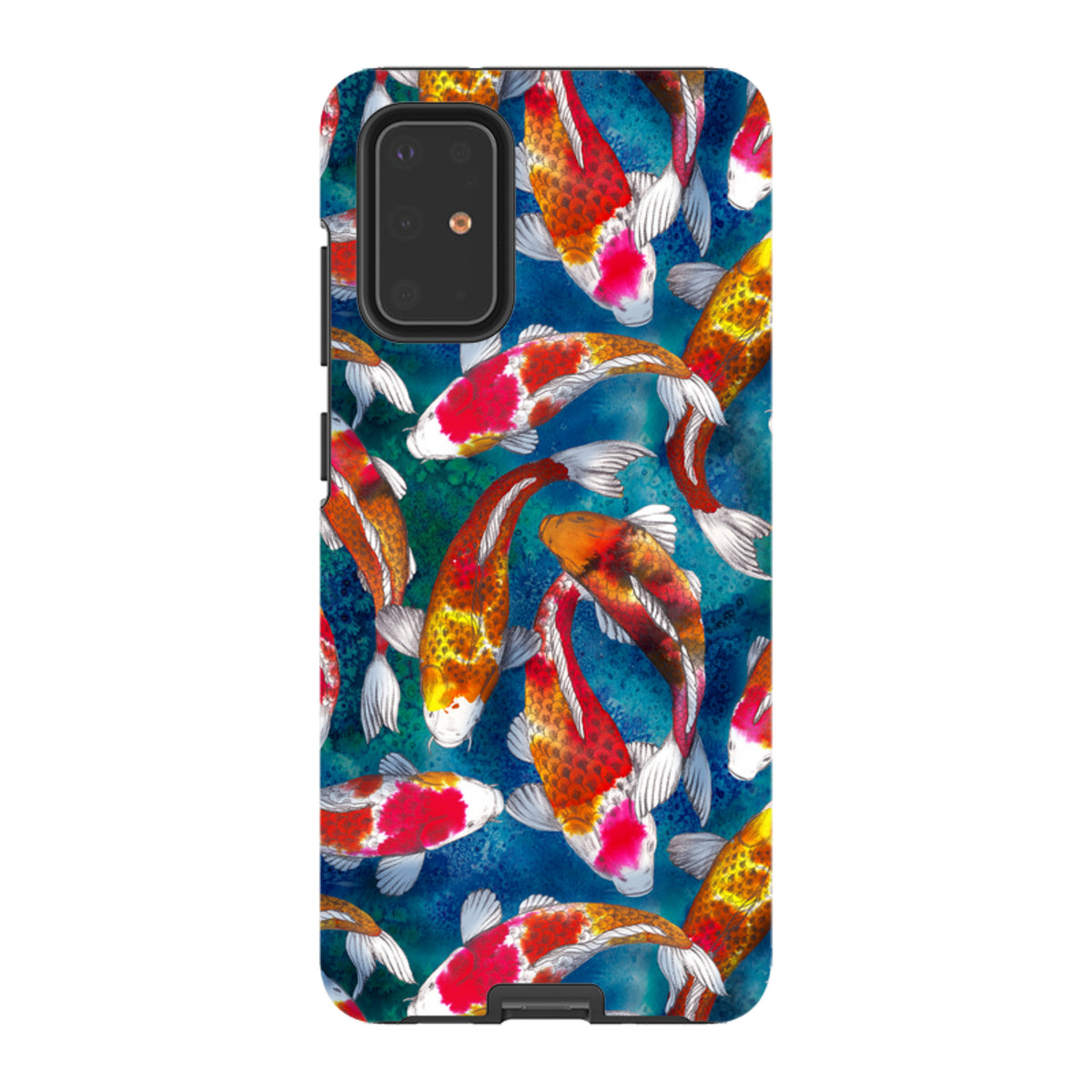 Samsung Tough Case featuring a vibrant koi fish pattern on a deep blue textured background for Galaxy phones.