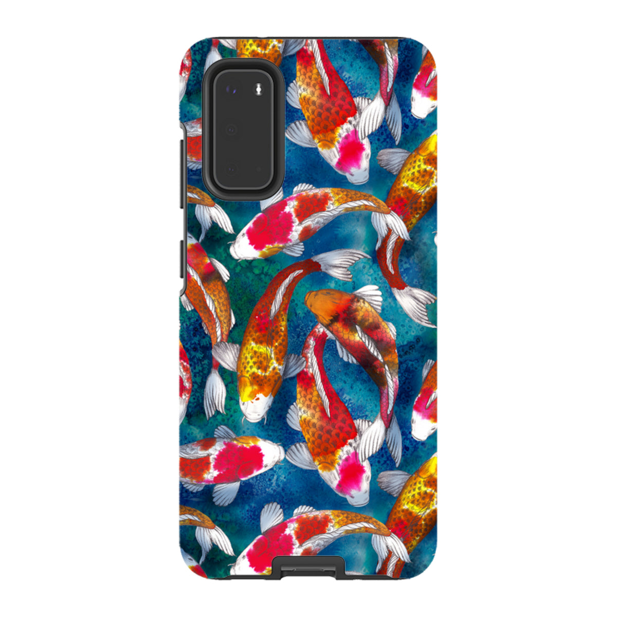 Samsung Tough Case featuring a vibrant koi fish pattern on a deep blue textured background with dual-layer protection.