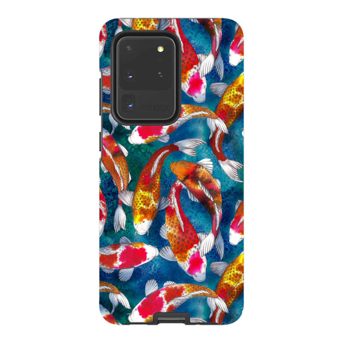 Samsung Tough Case featuring a vibrant koi fish pattern on a dark blue background with dual-layer protective design.