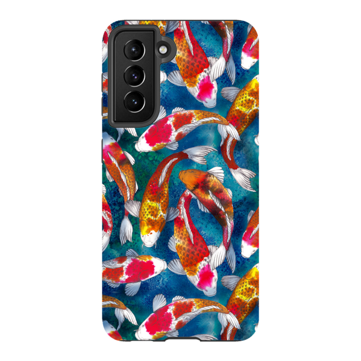 Samsung Tough Case featuring a vibrant koi fish pattern on a deep blue textured background with dual-layer protection.