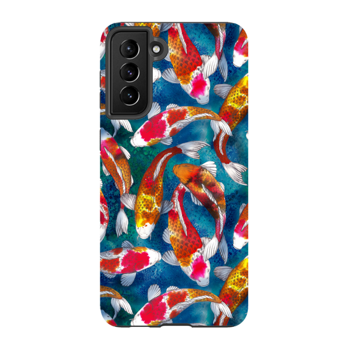 Samsung Tough Case featuring vibrant red, orange, and white koi fish swimming on a textured blue water background.
