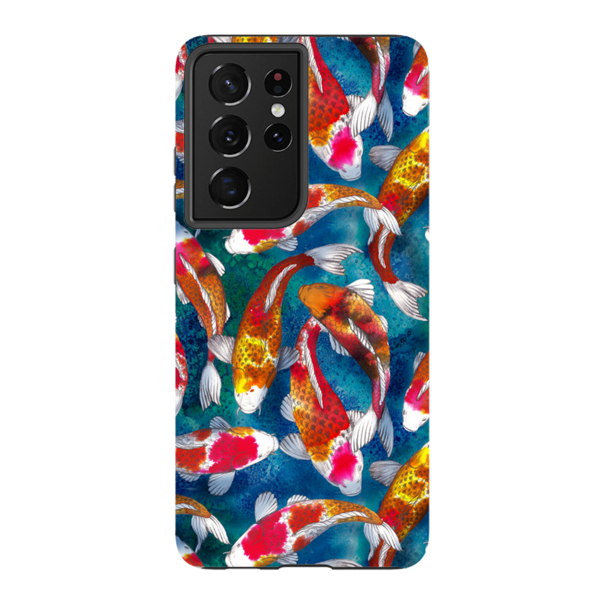 Samsung Tough Case featuring a vibrant koi fish pattern on a deep blue textured background for Galaxy devices.
