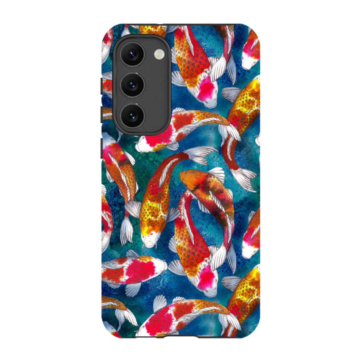 Samsung Tough Case featuring vibrant red, orange, and white koi fish swimming on a deep blue textured background.