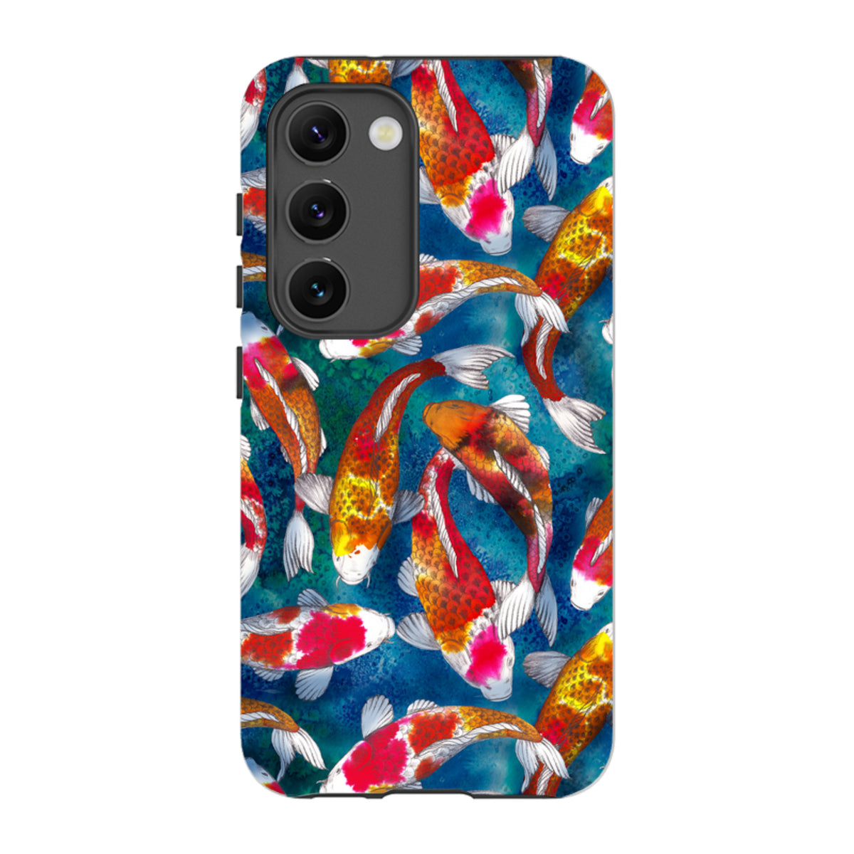 Samsung Tough Case featuring a vibrant koi fish pattern on a deep blue watercolor background with dual-layer protection.