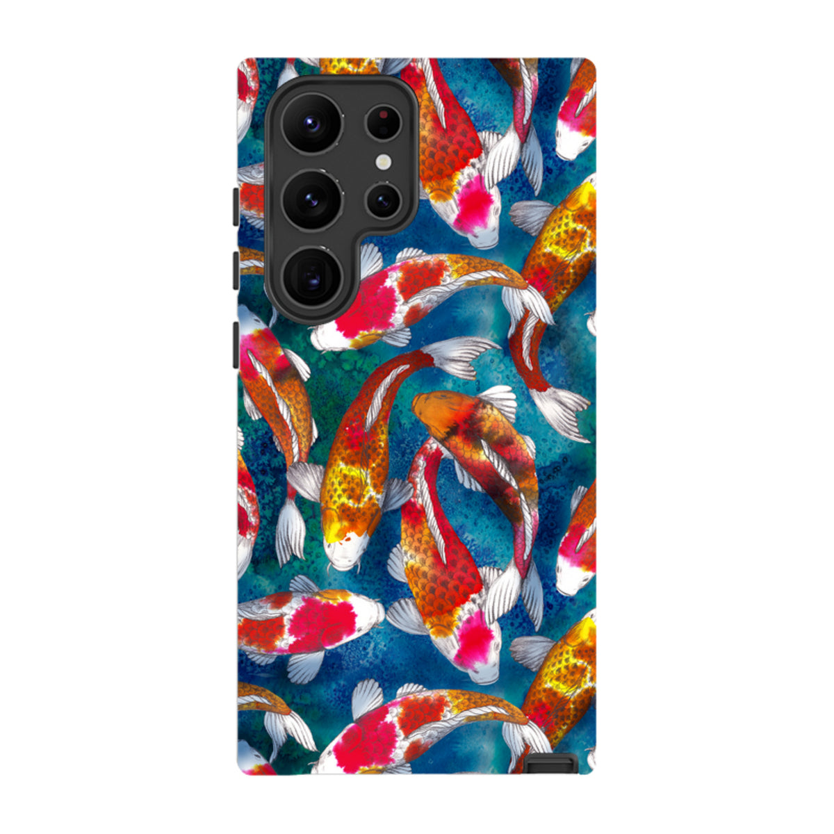 Samsung Galaxy tough case featuring a vibrant koi fish pattern on a deep blue textured background.
