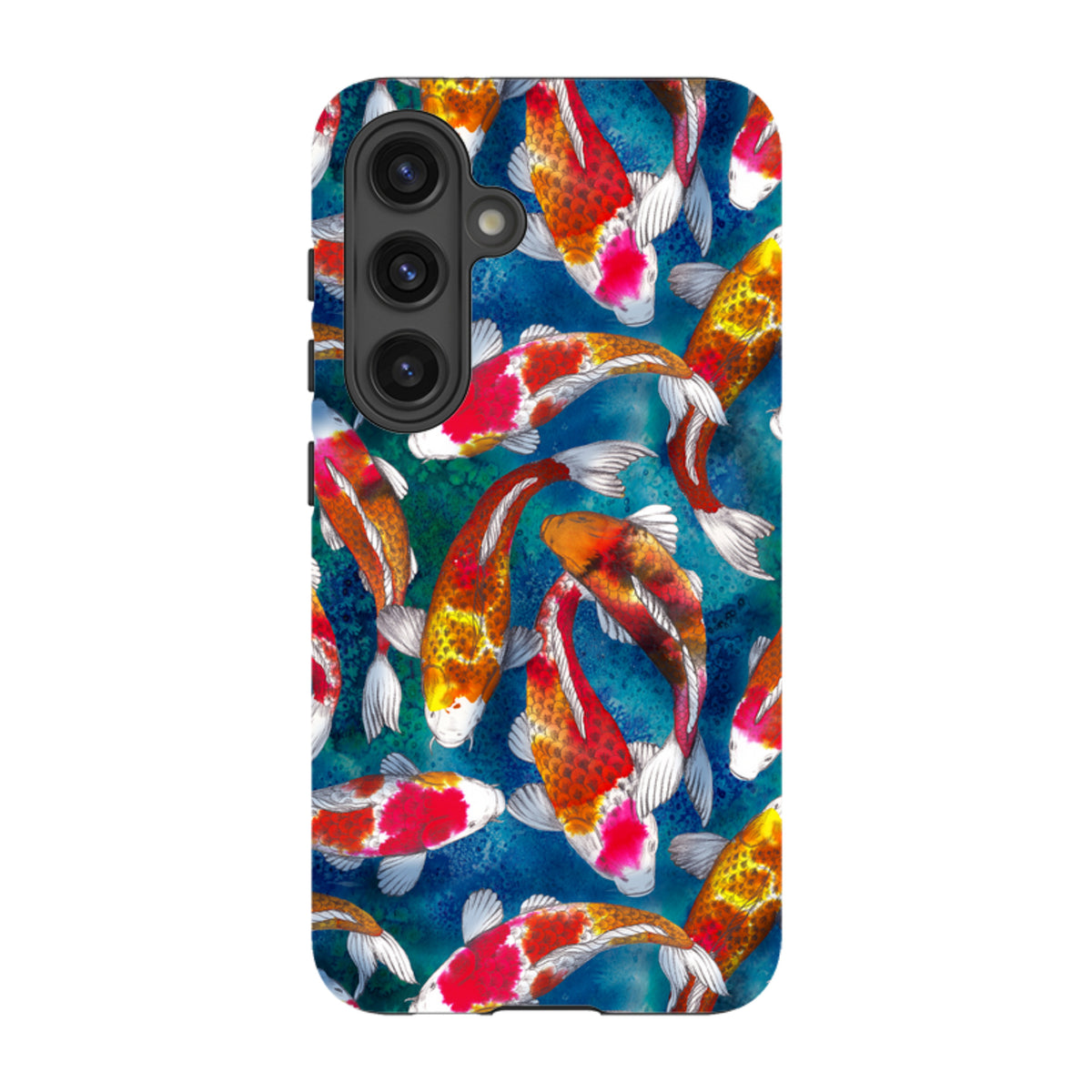 Samsung Tough Case featuring a vibrant koi fish pattern on a deep blue water background with dual-layer protection.