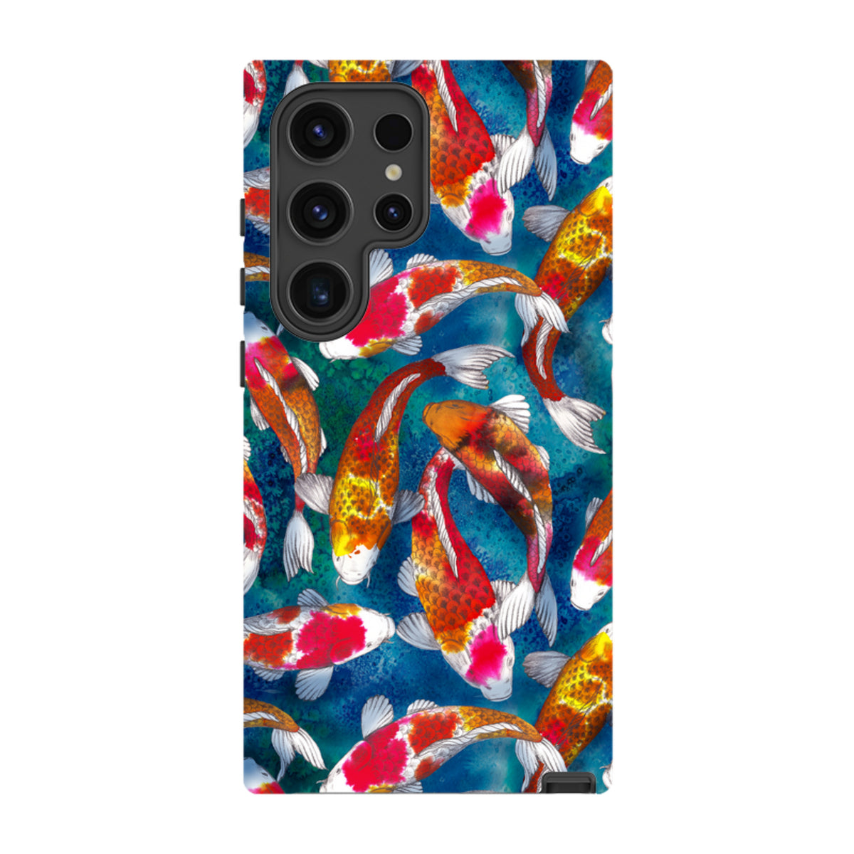 Samsung Galaxy tough case featuring a vibrant koi fish pattern on a textured blue background with dual-layer protection.