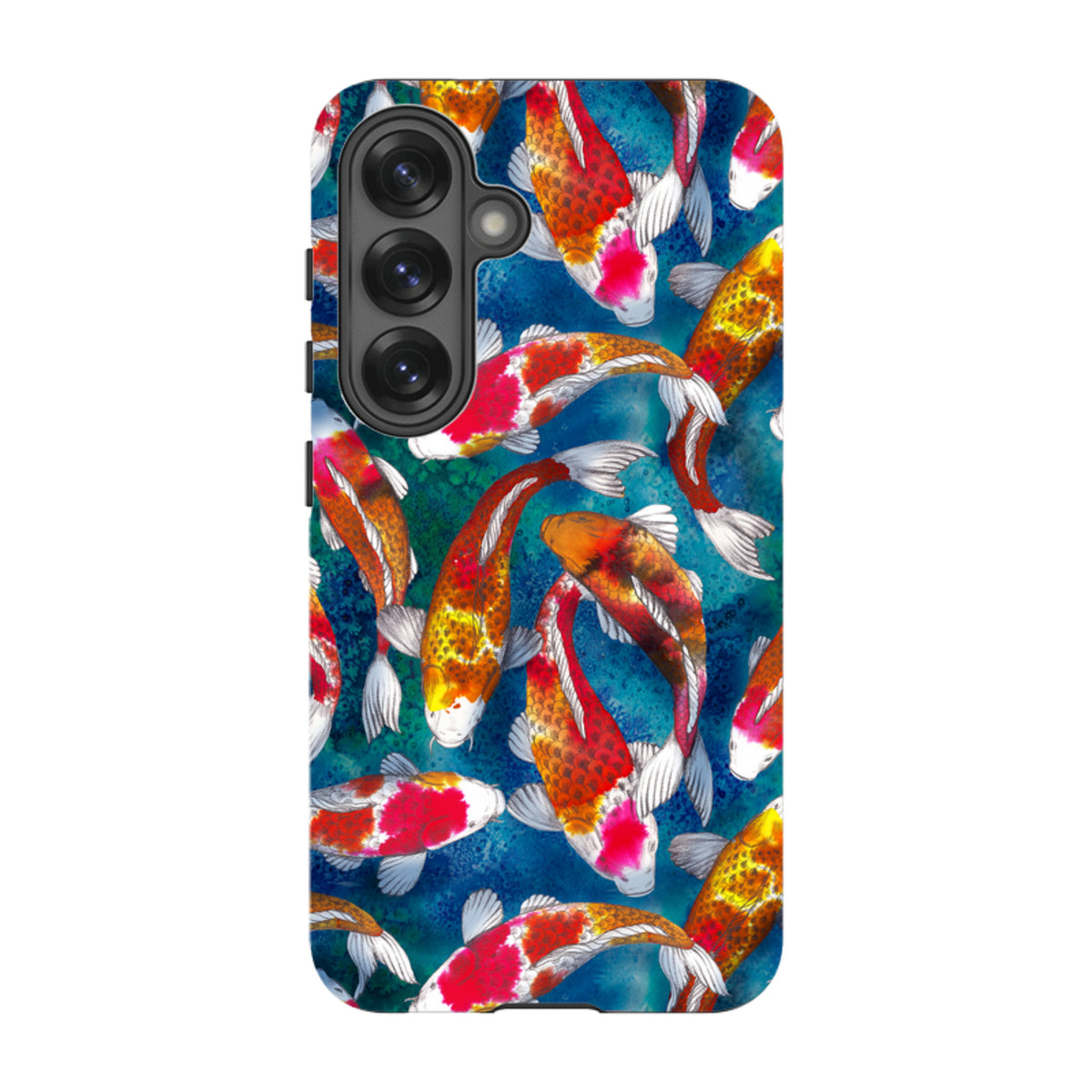Samsung Tough Case featuring a vibrant koi fish pattern on a deep blue water background with dual-layer protection.