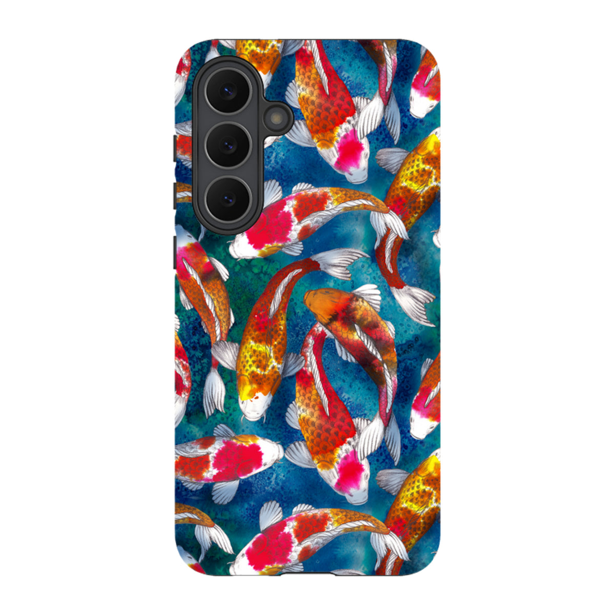 Samsung Galaxy tough case featuring a vibrant koi fish pattern on a textured blue background with dual-layer protection.