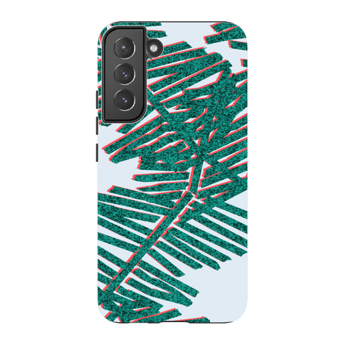 Samsung Tough Case featuring a teal and red palm leaf design on a light blue background with a triple-lens camera cutout.