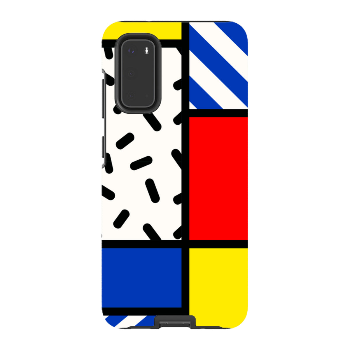 Samsung Tough Case featuring Aldo Rossi abstract art with geometric blocks in primary colors and a black-and-white pattern.