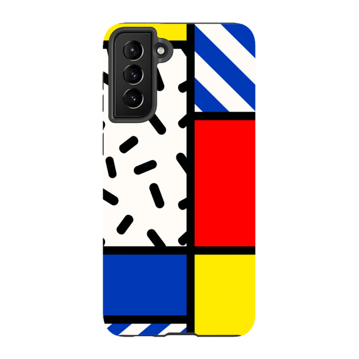 Samsung Tough Case featuring a vibrant Aldo Rossi geometric design with primary colors, black accents, and a durable dual-layer finish.