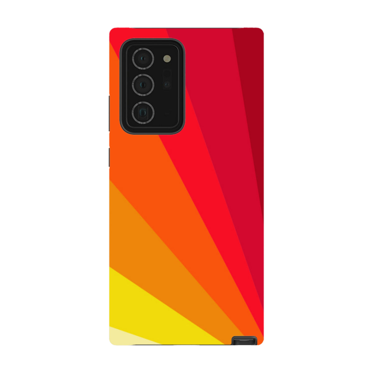 Samsung Galaxy tough case featuring a vibrant Amber Fan geometric sunburst pattern in shades of red, orange, and yellow.