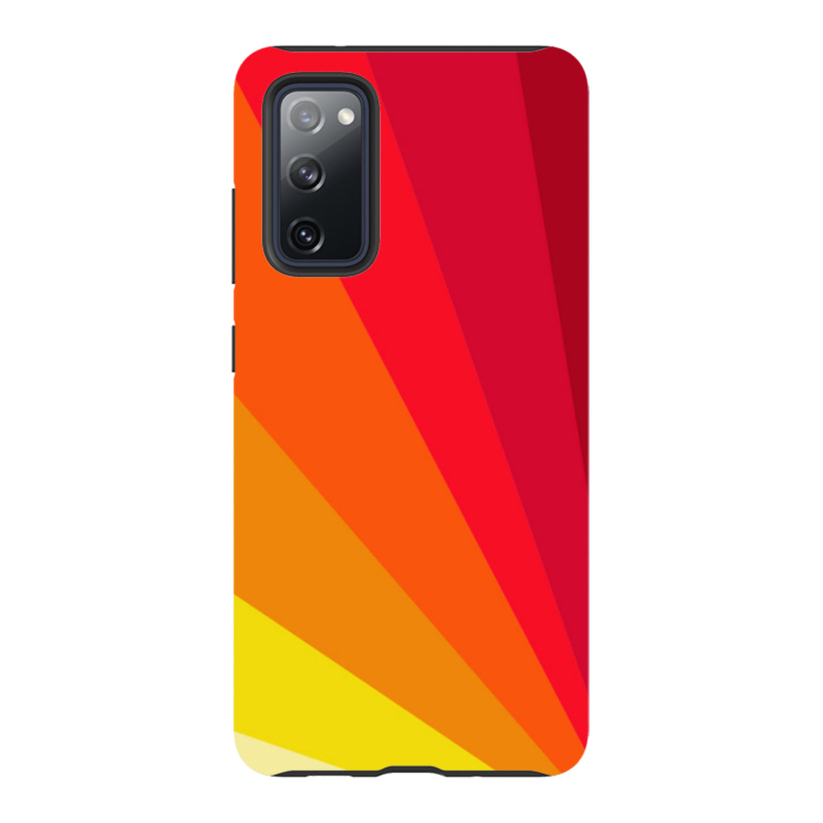 Samsung Tough Case featuring a vibrant Amber Fan geometric design in shades of red, orange, and yellow for Galaxy phones.