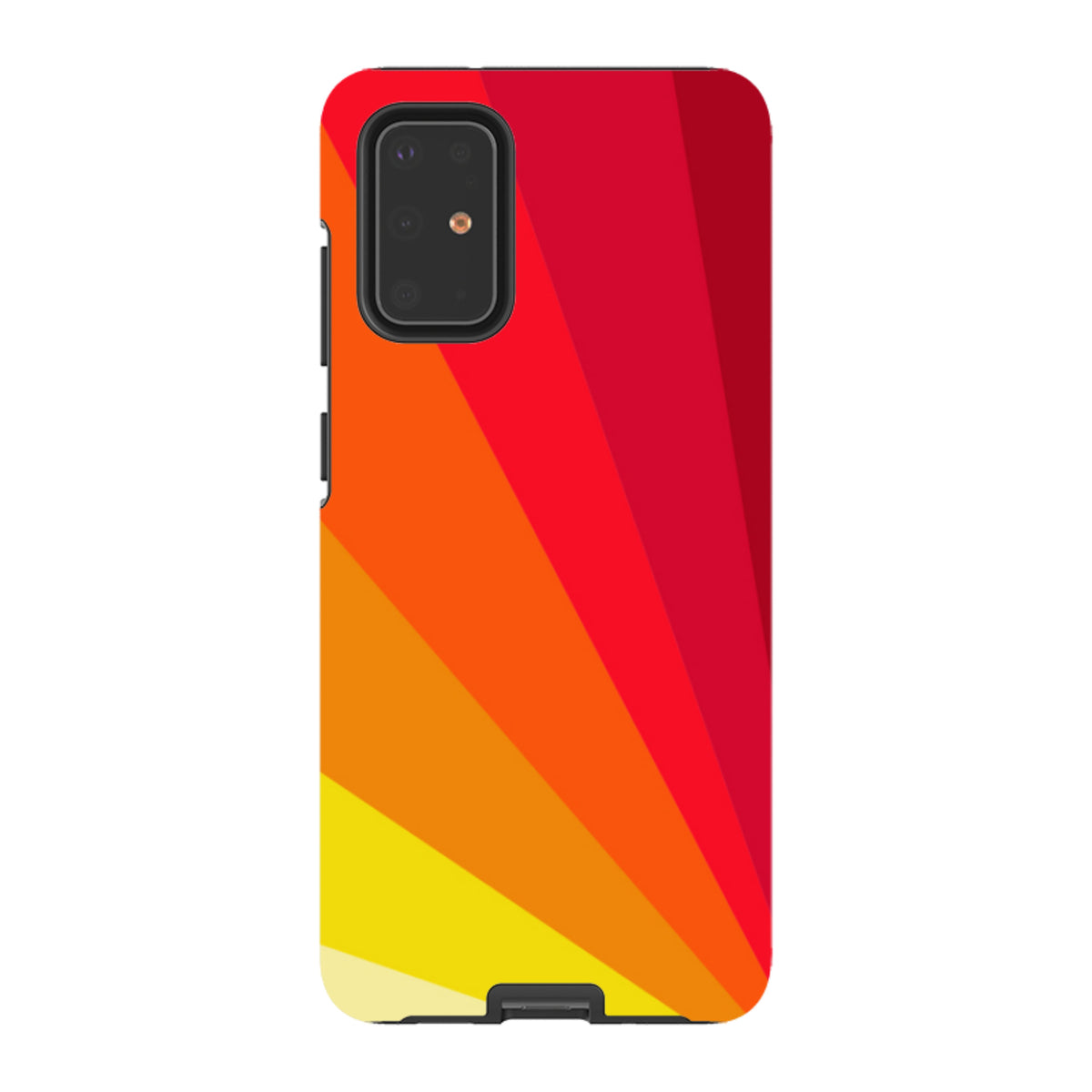Samsung Tough Case featuring a vibrant red, orange, and yellow fan-patterned design with dual-layer protective construction.