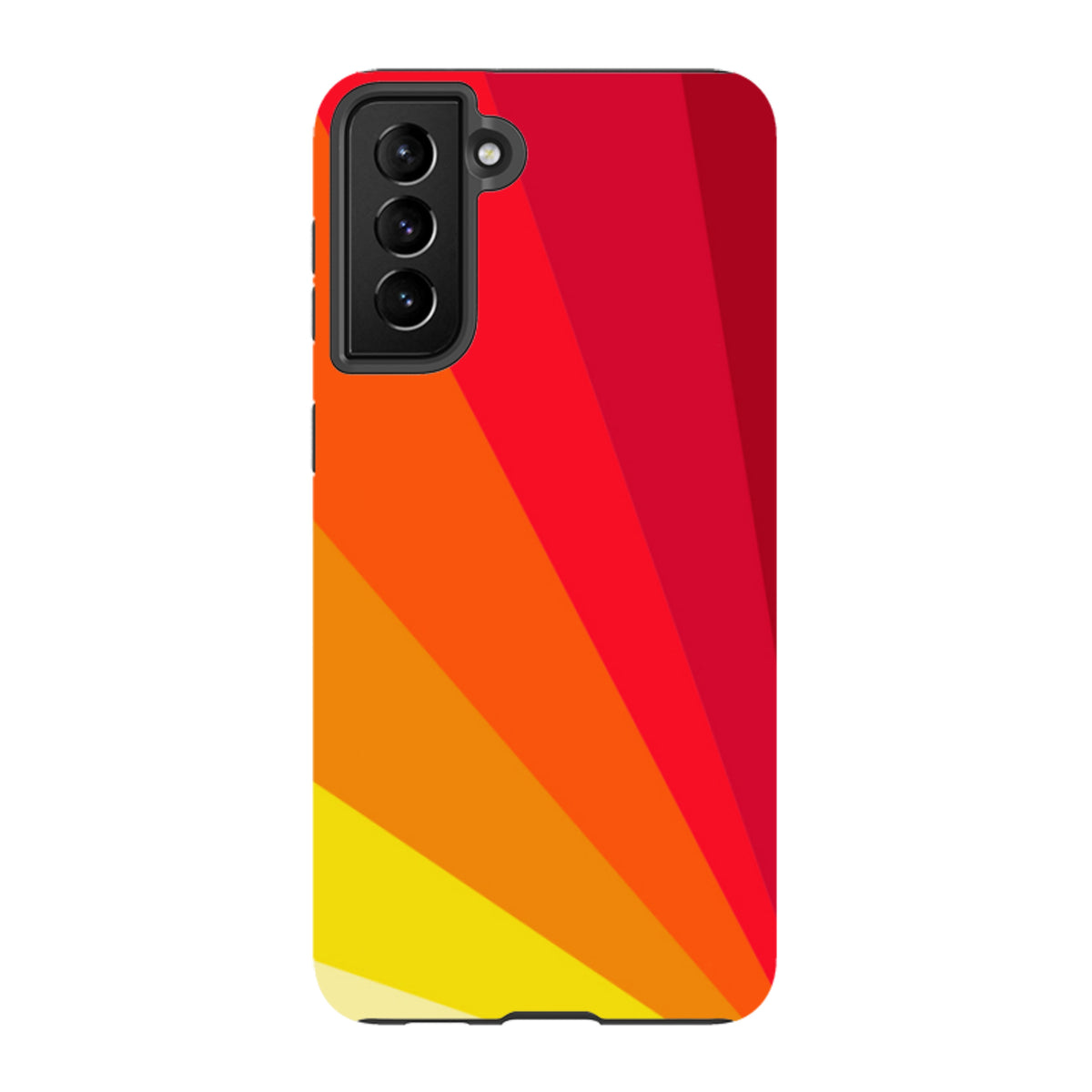 Samsung Tough Case featuring a vibrant red, orange, and yellow fan-patterned design for Galaxy phones.