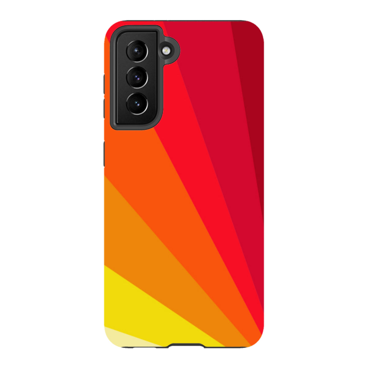 Samsung Tough Case featuring a vibrant Amber Fan radial stripe design in red, orange, and yellow on a dual-layer shell.