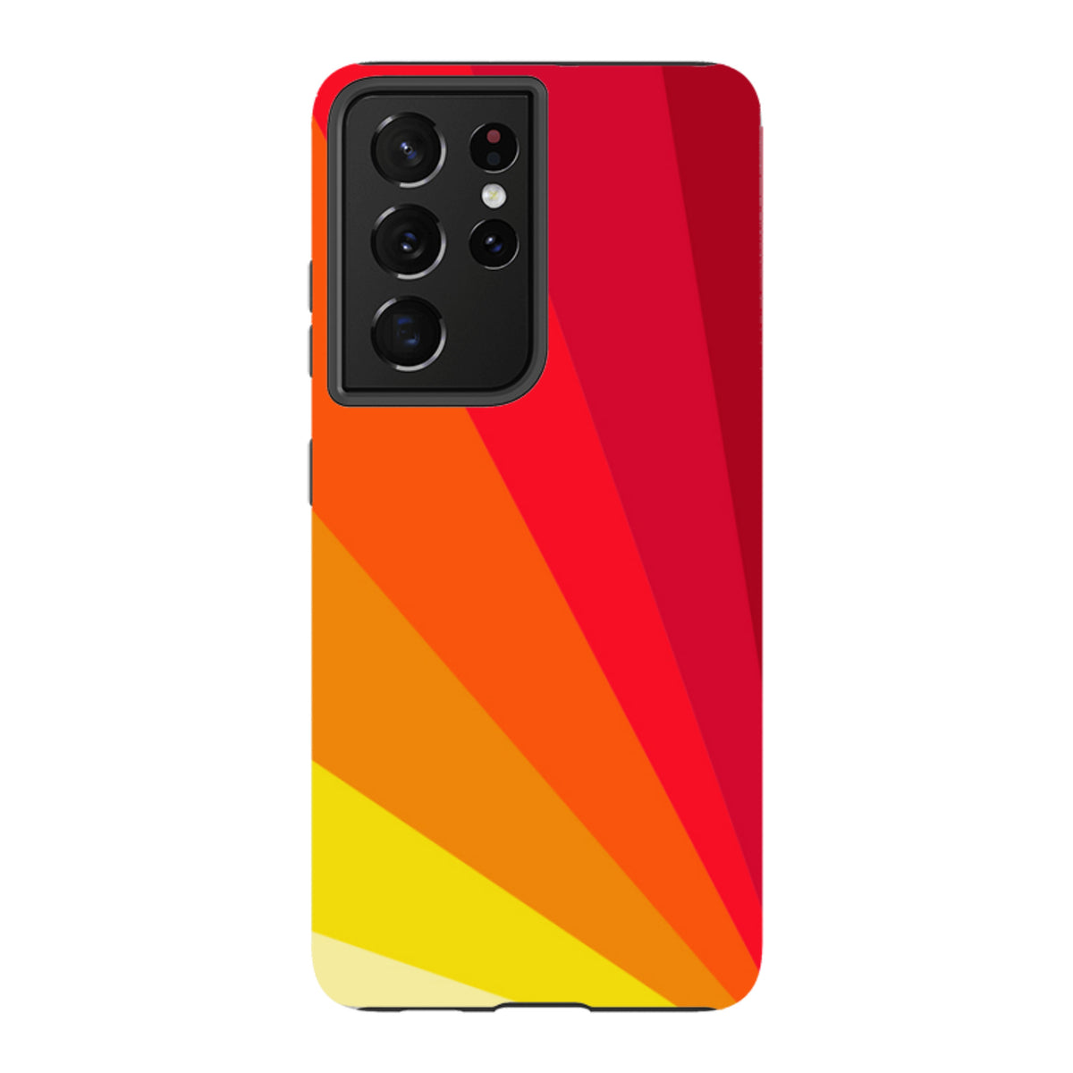 Samsung Galaxy tough case featuring a vibrant red, orange, and yellow fan-patterned design with dual-layer protection.