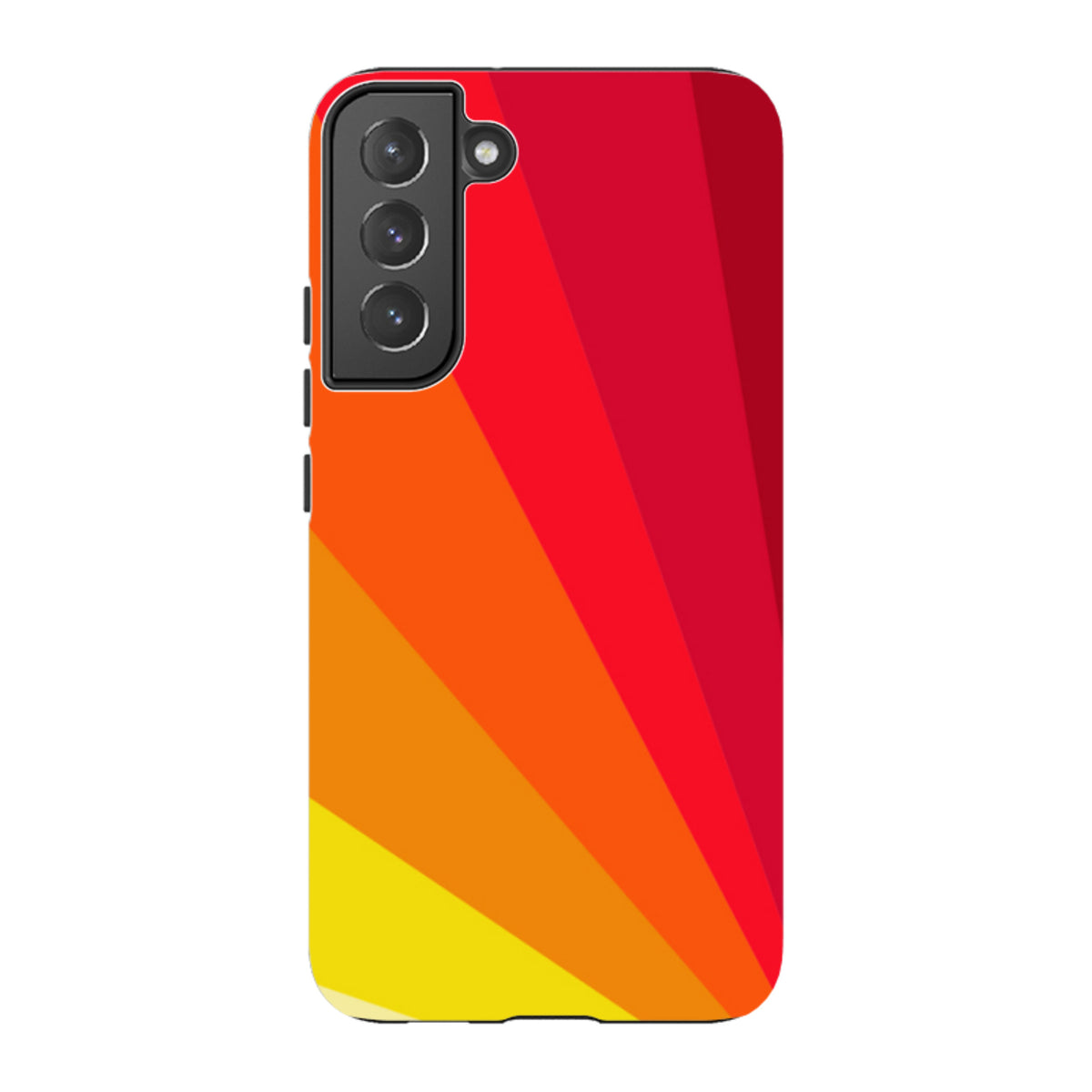 Samsung Galaxy tough case featuring a vibrant Amber Fan radial stripe pattern in shades of red, orange, and yellow.