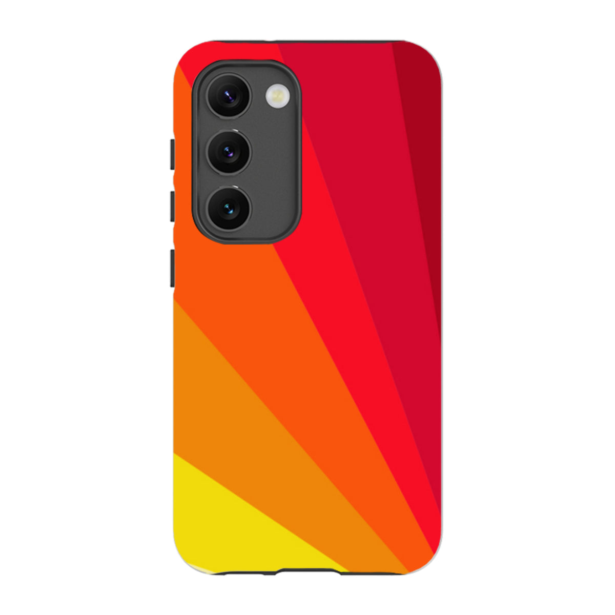 Samsung Galaxy tough case featuring a vibrant Amber Fan geometric design in shades of red, orange, and yellow.