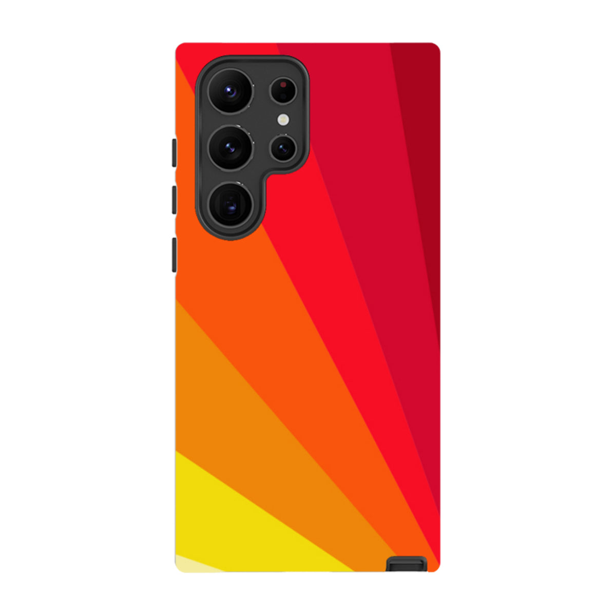 Samsung Galaxy tough case featuring a vibrant, geometric amber fan design in shades of red, orange, and yellow.