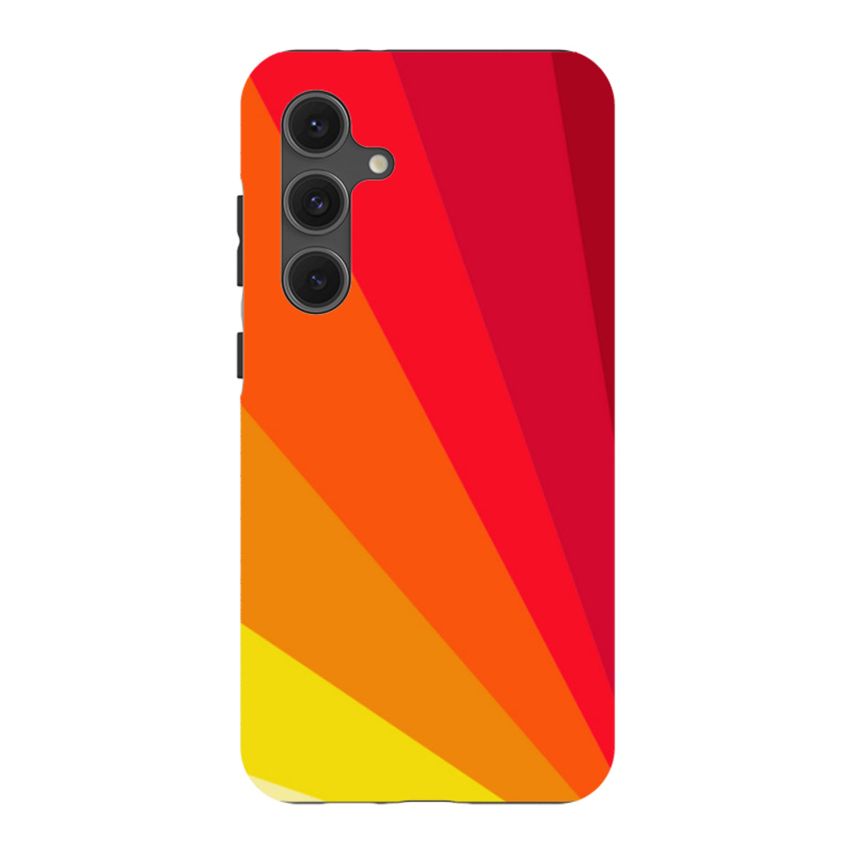 Samsung Tough Case featuring a vibrant red, orange, and yellow fan-pattern design with a triple-lens camera cutout.
