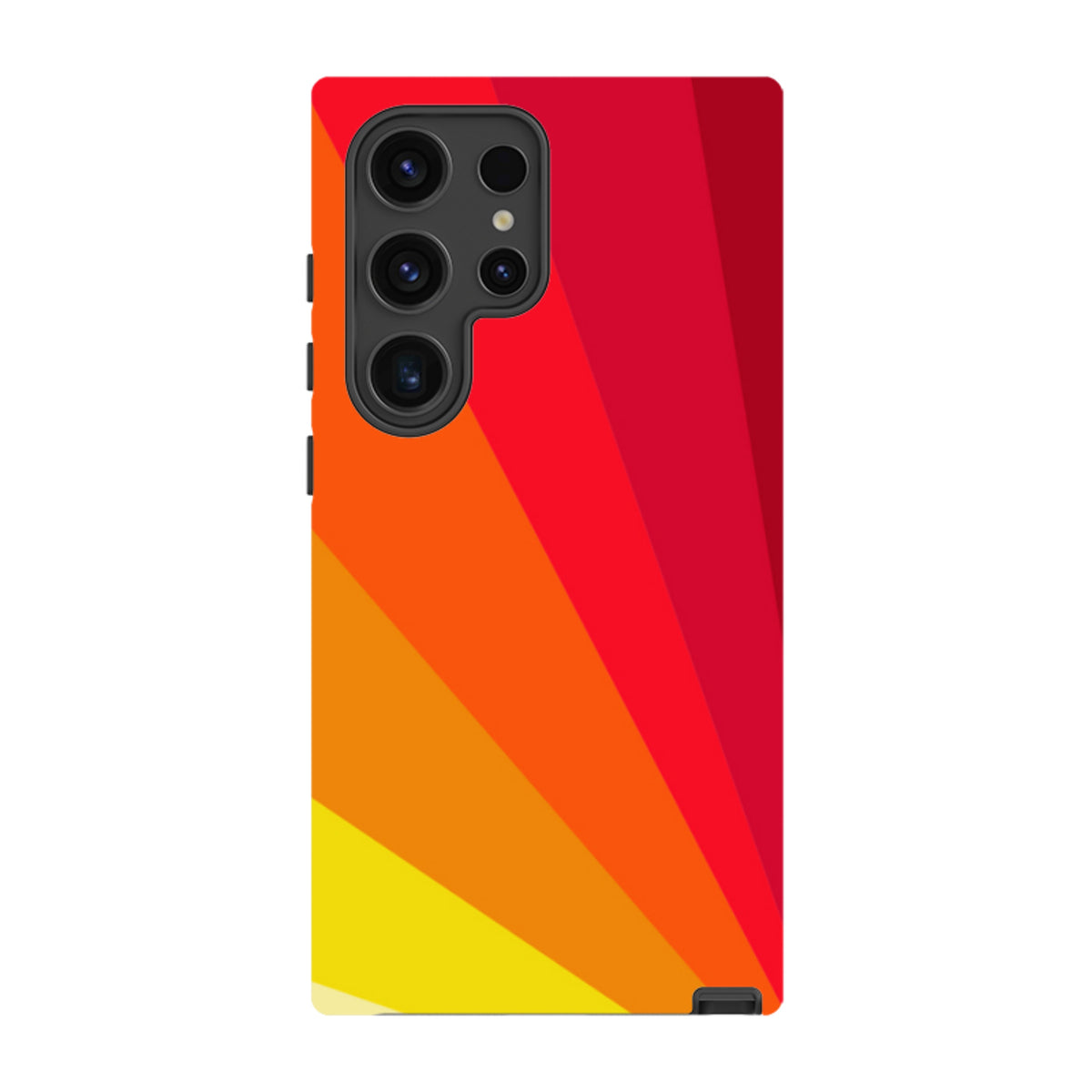 Samsung Galaxy tough case featuring a vibrant red, orange, and yellow fan-patterned design with dual-layer protection.