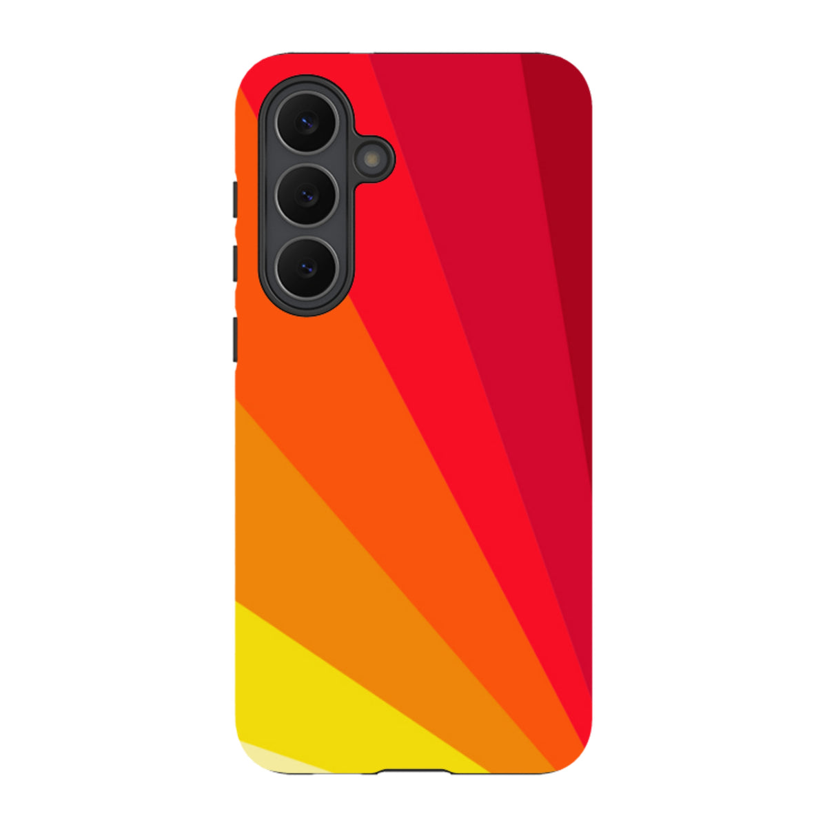 Samsung Galaxy tough case featuring an Amber Fan geometric design with vibrant red, orange, and yellow sunburst stripes.