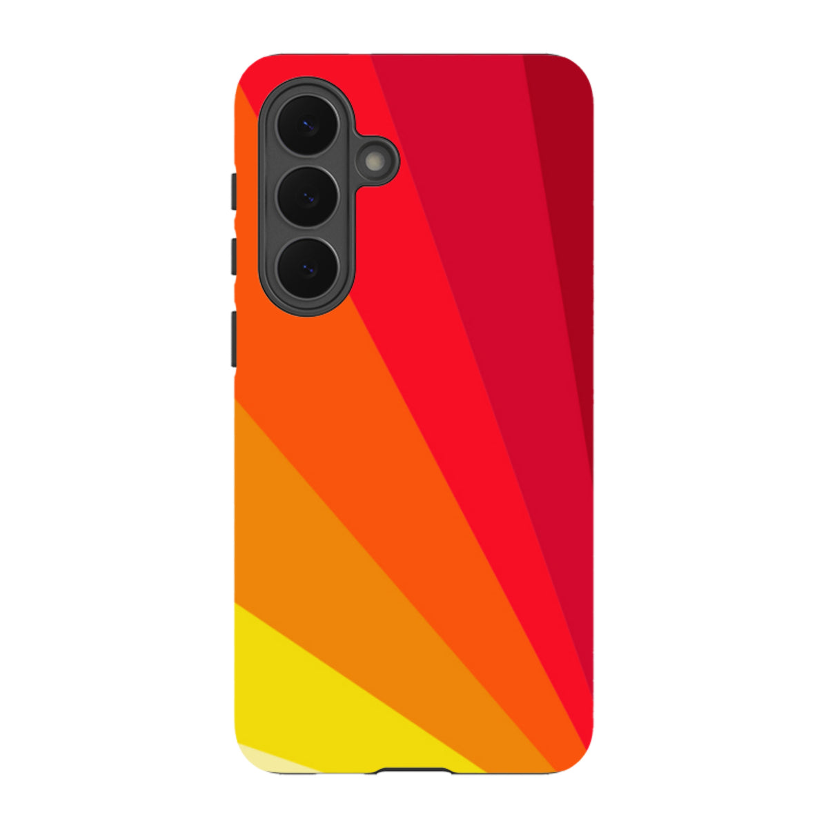 Samsung Tough Case featuring a vibrant Amber Fan geometric design in shades of red, orange, and yellow for Galaxy phones.