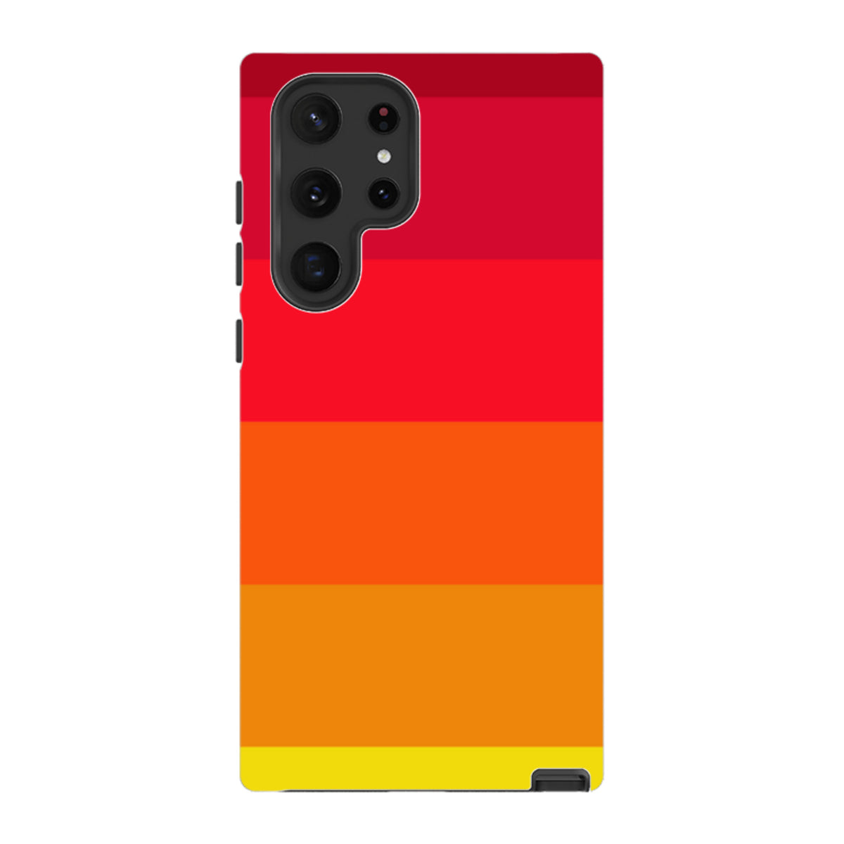 Samsung Tough Case featuring a vibrant Amber Grade gradient of red, orange, and yellow stripes for Galaxy phones.