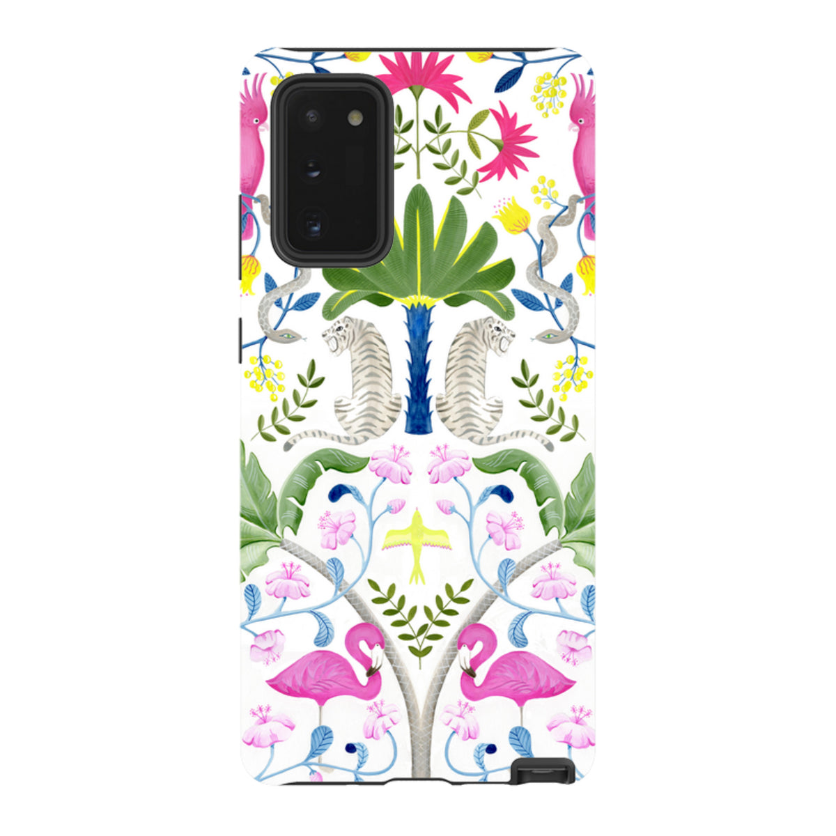 Samsung Tough Case featuring a vibrant, symmetrical jungle pattern with tigers, flamingos, and tropical flowers.