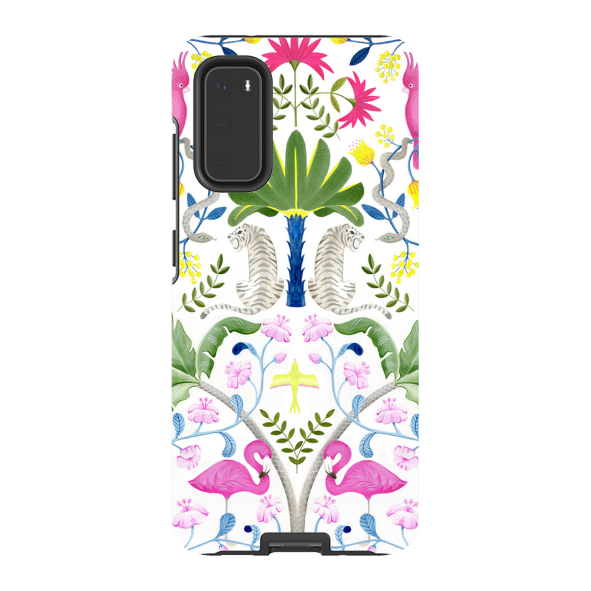 Samsung dual-layer phone case featuring a vibrant Bex Parkin jungle animal pattern with tigers, flamingos, and palms.