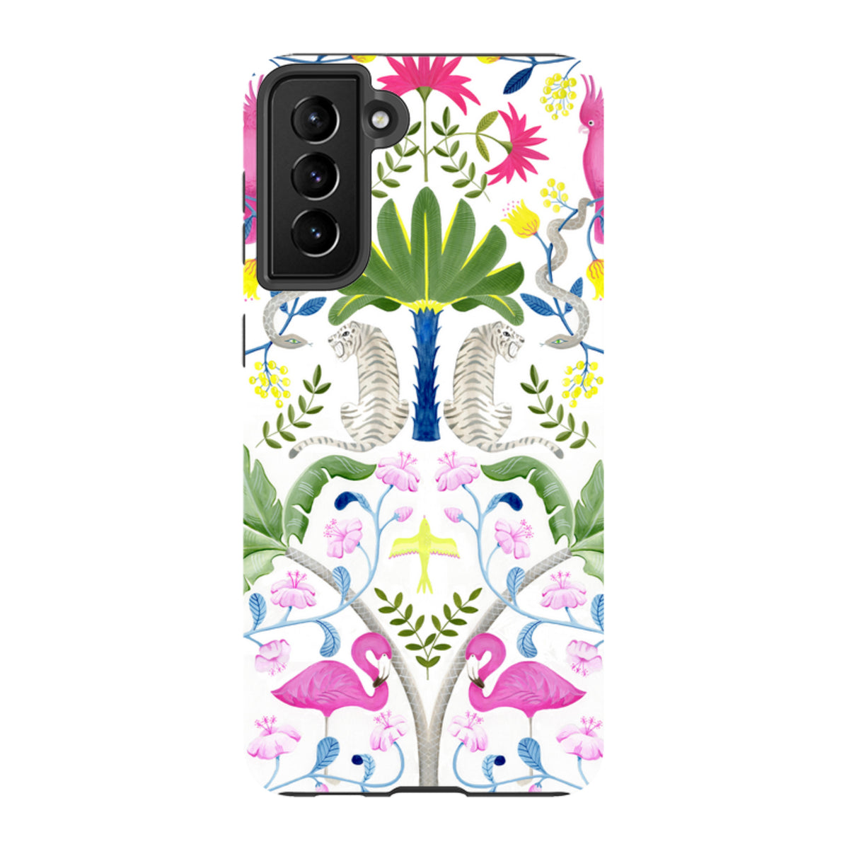 Samsung Tough Case featuring a vibrant, symmetrical jungle pattern with tigers, pink flamingos, and tropical flowers.